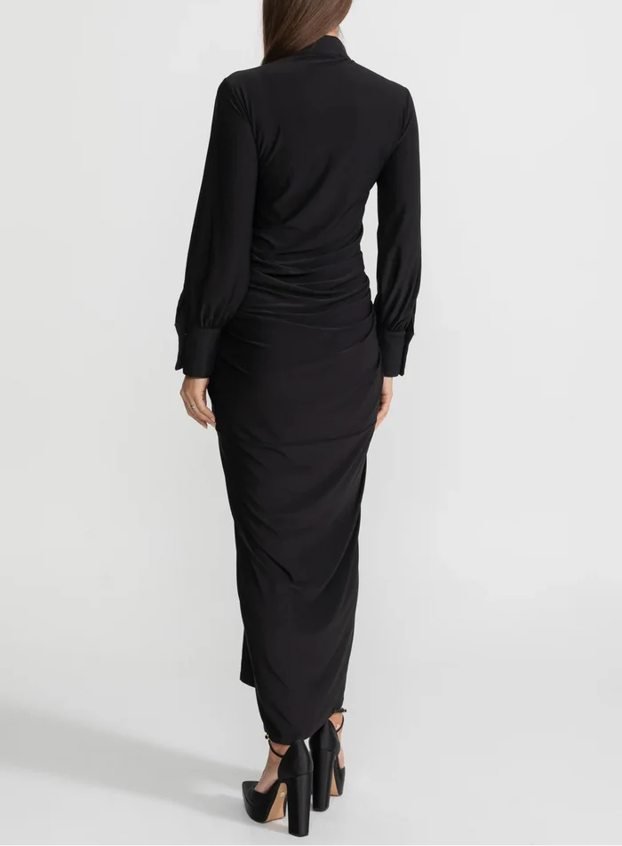 structured ruched maxi dress with gold accents – AURELIA