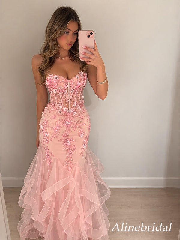 Stunning Pink Floral Lace Strapless Mermaid Prom Dress, Evening Dress, PD2823056