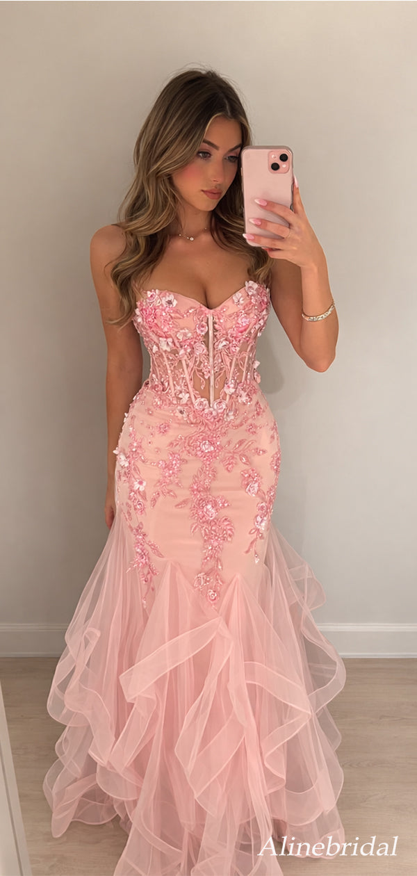 Stunning Pink Floral Lace Strapless Mermaid Prom Dress, Evening Dress, PD2823056