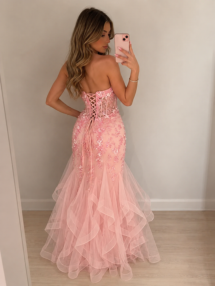 Stunning Pink Floral Lace Strapless Mermaid Prom Dress, Evening Dress, PD2823056