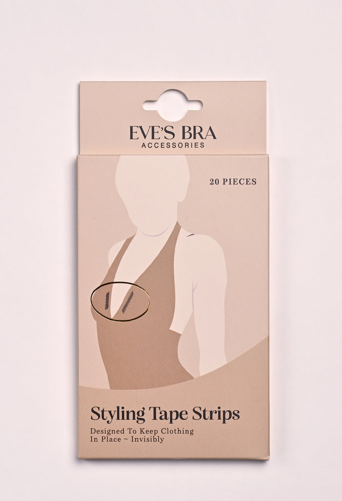 Packaging of Eves Bra Accessories Styling Tape Strips on a light pink background