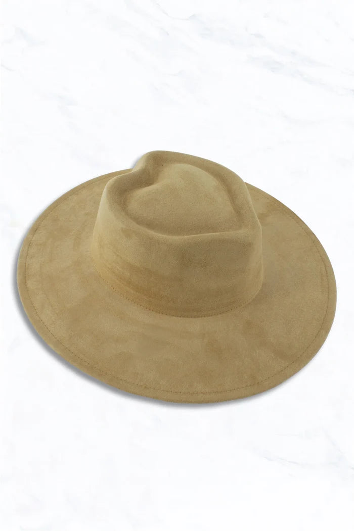 Suede Wide Brim Fedora W/Heart Pinched Crown- 4 colors