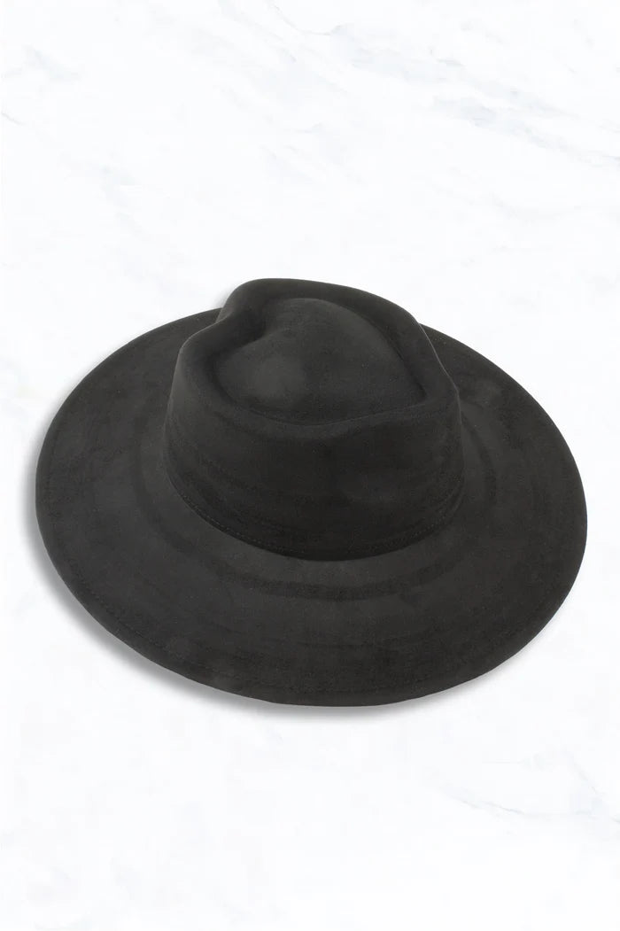 Suede Wide Brim Fedora W/Heart Pinched Crown- 4 colors