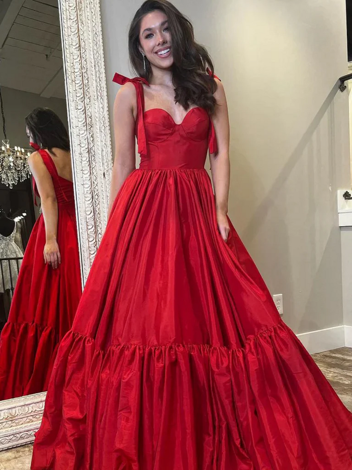 Sweetheart Red Satin Long Prom Dresses,  Red Satin Long Formal Evening Dresses
