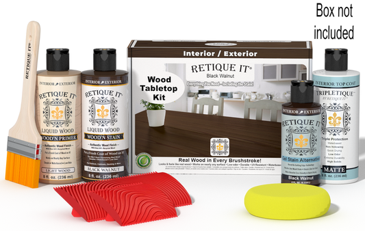 Retique It® Black Walnut Wood Tabletop Kit with Light Wood primer, Black Walnut stain, Black Walnut gel stain alternative, Matte Tripletique® Top Coat, brush, red graining tool, yellow sponge, and product box.