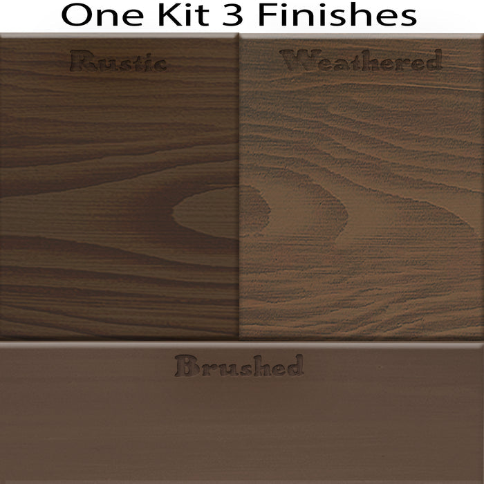 Swatch of Retique It Wood'n Finish Kit in Black Walnut stain, featuring three different wood stain finishes on sample wood.