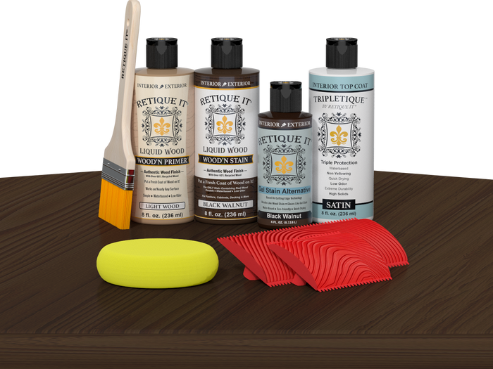 Retique It® Black Walnut Wood'n Kit with Light Wood primer, Black Walnut stain, Black Walnut gel stain alternative, Satin Tripletique® Top Coat, brush, red graining tool, and yellow sponge.