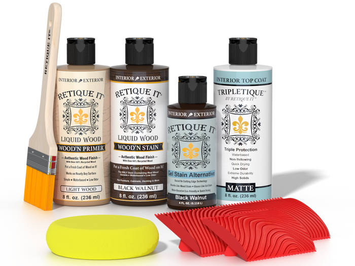 Retique It® Black Walnut Wood'n Kit with Light Wood primer, Black Walnut stain, Black Walnut gel stain alternative, Matte Tripletique® Top Coat, brush, red graining tool, and yellow sponge.