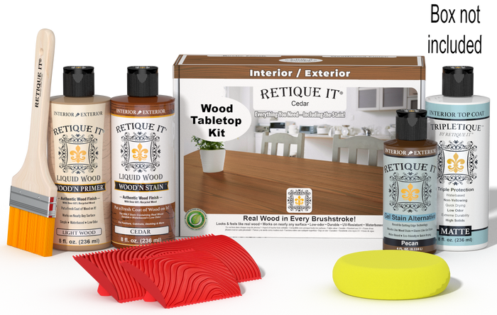 Retique It® Cedar Wood Tabletop Kit with Light Wood primer, Cedar stain, Pecan gel stain alternative, Matte Tripletique® Top Coat, brush, red graining tool, yellow sponge, and product box.