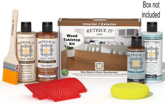 Retique It® Cedar Wood Tabletop Kit with Light Wood primer, Cedar stain, Pecan gel stain alternative, Matte Tripletique® Top Coat, brush, red graining tool, yellow sponge, and product box.