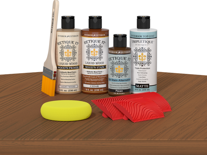 Retique It® Cedar Wood'n Kit with Light Wood primer, Cedar stain, Pecan gel stain alternative, Matte Tripletique® Top Coat, brush, red graining tool, and yellow sponge.