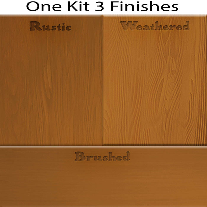Swatches of Retique It Wood'n Finish Kit in Cedar stain showing three different wood finish options on sample pieces.