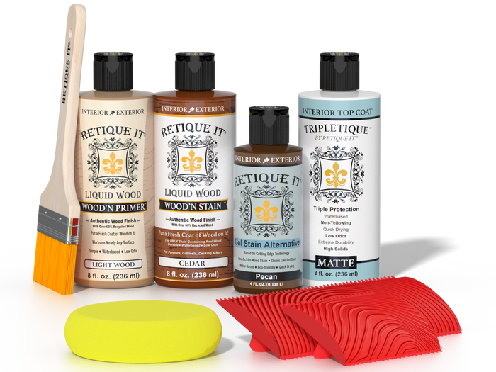 Retique It® Cedar Wood'n Kit with Light Wood primer, Cedar stain, Pecan gel stain alternative, Matte Tripletique® Top Coat, brush, red graining tool, and yellow sponge.