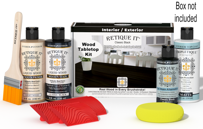Retique It® Classic Black Wood Tabletop Kit with Light Wood primer, Classic Black stain, Classic Black gel stain alternative, Matte Tripletique® Top Coat, brush, red graining tool, yellow sponge, and product box.