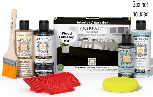 Retique It® Classic Black Wood Tabletop Kit with Light Wood primer, Classic Black stain, Classic Black gel stain alternative, Matte Tripletique® Top Coat, brush, red graining tool, yellow sponge, and product box.