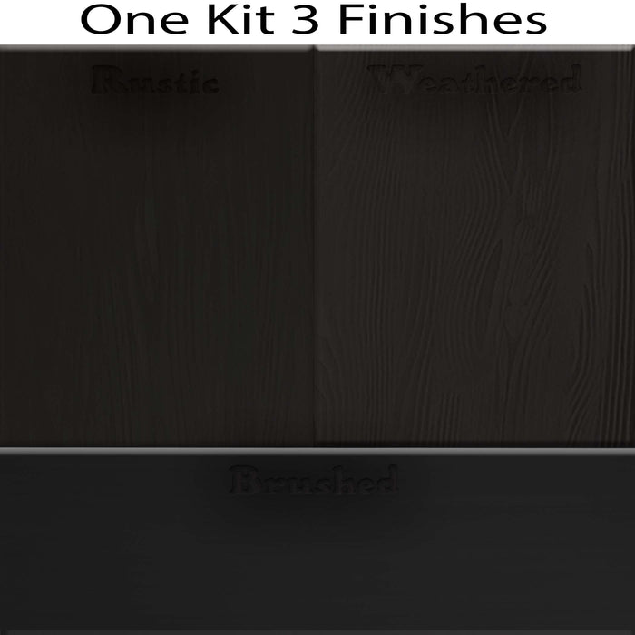 Swatches of Retique It Wood'n Finish Kit in Classic Black stain showcasing different wood finish options.