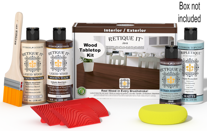 Retique It® Java Wood Tabletop Kit with Light Wood primer, Java stain, Java gel stain alternative, Matte Tripletique® Top Coat, brush, red graining tool, yellow sponge, and product box.