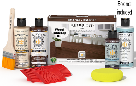 Retique It® Java Wood Tabletop Kit with Light Wood primer, Java stain, Java gel stain alternative, Matte Tripletique® Top Coat, brush, red graining tool, yellow sponge, and product box.