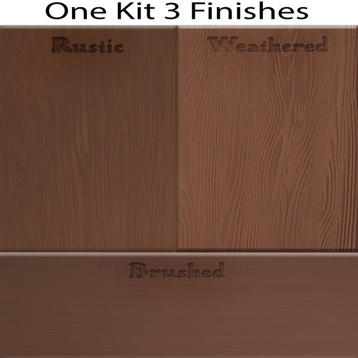 Swatches of Retique It Wood'n Finish Kit in Java stain, showing three different wood finish options for tabletops.