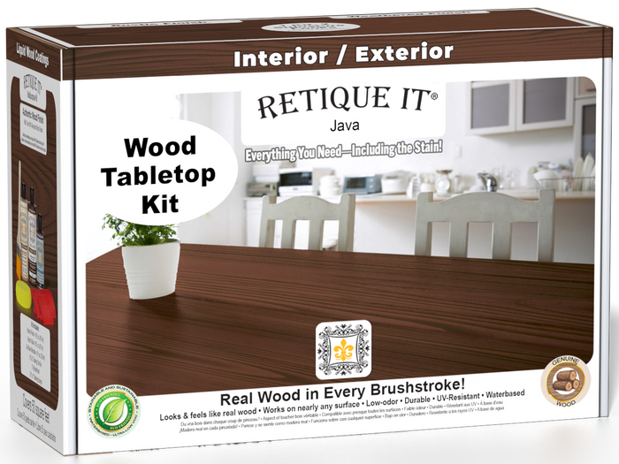 Retique It® Java Wood Tabletop Kit retail box featuring a Java wood tabletop finish and kitchen scene.