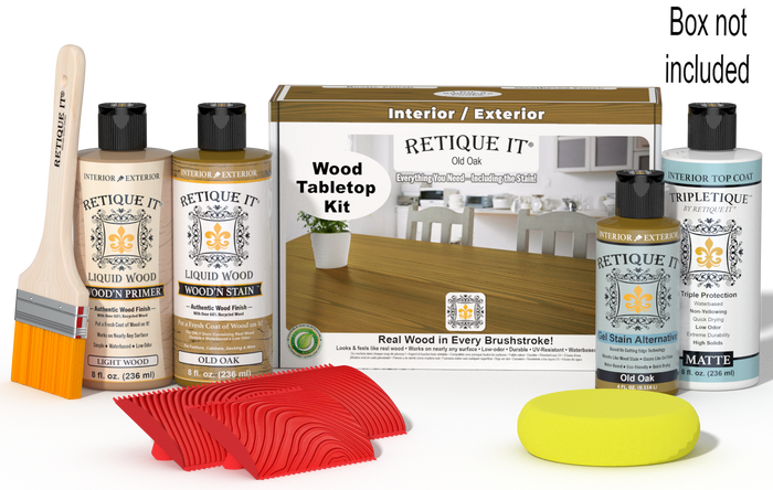 Retique It® Old Oak Wood Tabletop Kit with Light Wood primer, Old Oak stain, Old Oak gel stain alternative, Matte Tripletique® Top Coat, brush, red graining tool, yellow sponge, and product box.