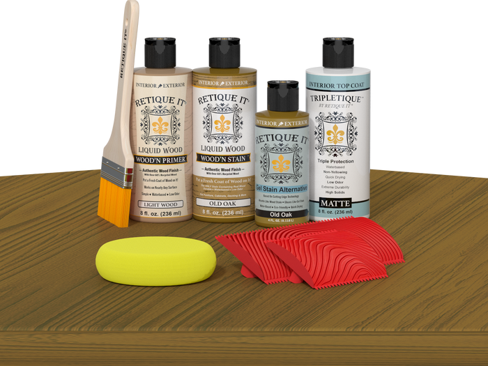 Retique It® Old Oak Wood'n Kit with Light Wood primer, Old Oak stain, Old Oak gel stain alternative, Matte Tripletique® Top Coat, brush, red graining tool, and yellow sponge.
