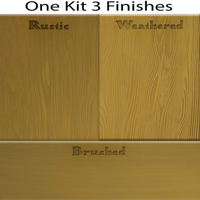 Swatches of Retique It Wood'n Finish Kit in Old Oak stain, showing three different wood finish options for furniture.