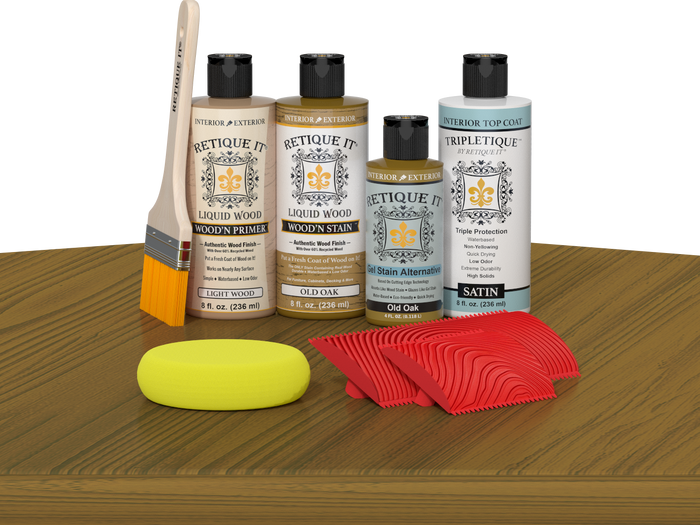 Retique It® Old Oak Wood'n Kit with Light Wood primer, Old Oak stain, Old Oak gel stain alternative, Satin Tripletique® Top Coat, brush, red graining tool, and yellow sponge.