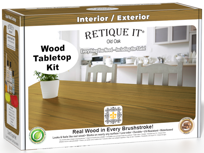 Retique It® Old Oak Wood Tabletop Kit retail box featuring an Old Oak wood tabletop finish and kitchen scene.