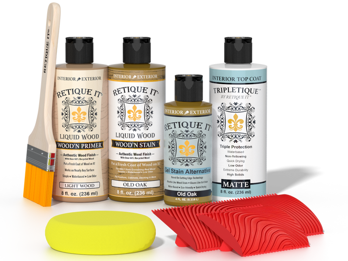 Retique It® Old Oak Wood'n Kit with Light Wood primer, Old Oak stain, Old Oak gel stain alternative, Matte Tripletique® Top Coat, brush, red graining tool, and yellow sponge.
