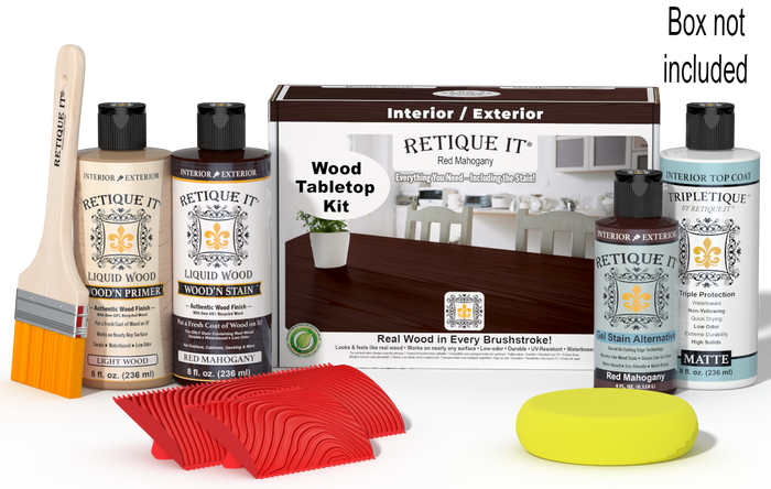 Retique It® Red Mahogany Wood Tabletop Kit with Light Wood primer, Red Mahogany stain, Red Mahogany gel stain alternative, Matte Tripletique® Top Coat, brush, red graining tool, yellow sponge, and product box.