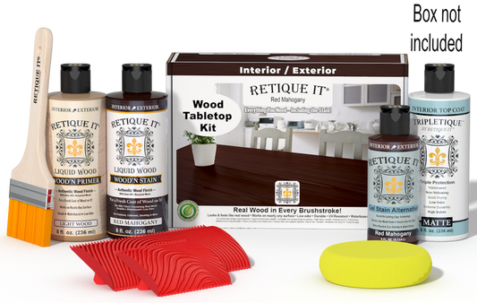 Retique It® Red Mahogany Wood Tabletop Kit with Light Wood primer, Red Mahogany stain, Red Mahogany gel stain alternative, Matte Tripletique® Top Coat, brush, red graining tool, yellow sponge, and product box.