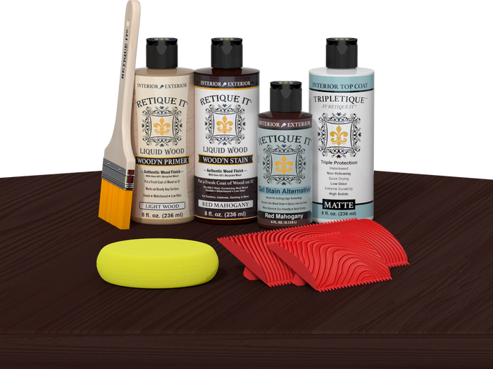 Retique It® Red Mahogany Wood'n Kit with Light Wood primer, Red Mahogany stain, Red Mahogany gel stain alternative, Matte Tripletique® Top Coat, brush, red graining tool, and yellow sponge.