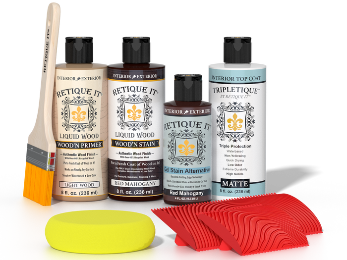 Retique It® Red Mahogany Wood'n Kit with Light Wood primer, Red Mahogany stain, Red Mahogany gel stain alternative, Matte Tripletique® Top Coat, brush, red graining tool, and yellow sponge.