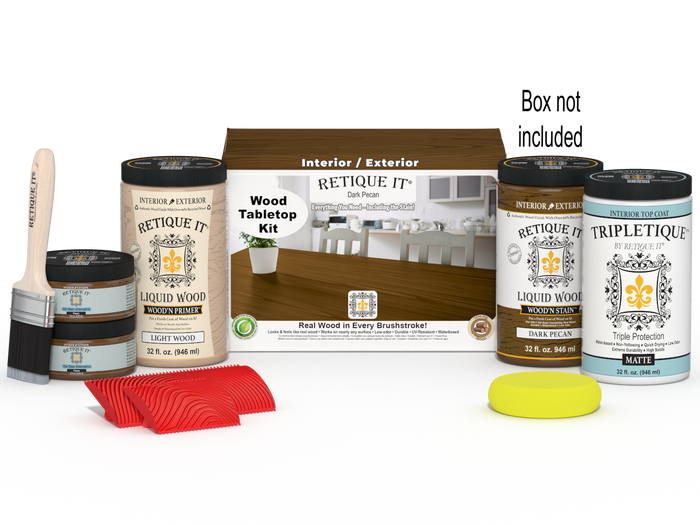 Retique It Wood'n Finish Kit with four dark pecan stain bottles, designed for tabletop wood finishing projects.