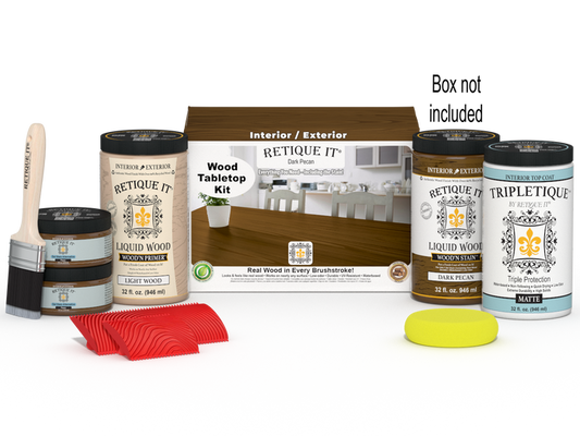 Retique It Wood'n Finish Kit with four dark pecan stain bottles, designed for tabletop wood finishing projects.