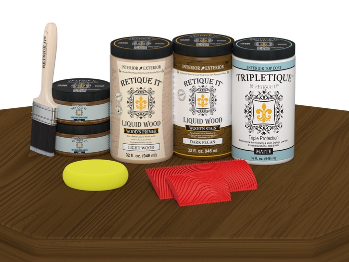 Retique It Wood'n Finish Kit with four dark pecan stain bottles, matte finish, designed for tabletop wood projects.