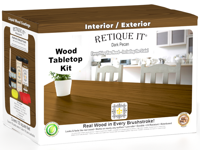 Retique It Wood'n Finish Kit with four dark pecan stain bottles, ideal for tabletop wood finishing projects.