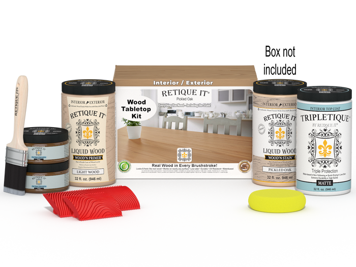 Retique It Wood'n Finish Kit for tabletops, pickled oak stain, includes four large stain bottles with packaging.