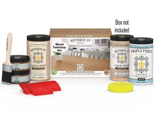 Retique It Wood'n Finish Kit for tabletops, pickled oak stain, includes four large stain bottles with packaging.