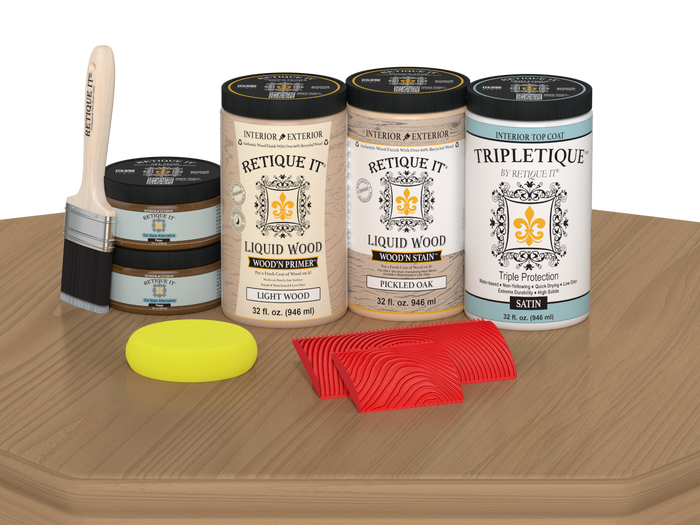 Retique It Wood'n Finish Kit with four large pickled oak stain bottles, satin finish, designed for tabletop wood staining.