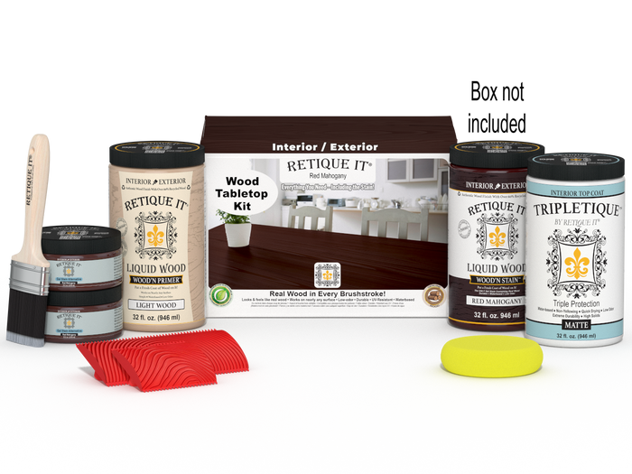 Retique It Wood'n Finish Kit with four large red mahogany stain bottles for wood furniture finishing, shown with packaging.