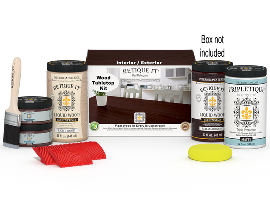 Retique It Wood'n Finish Kit with four large red mahogany stain bottles for wood furniture finishing, shown with packaging.