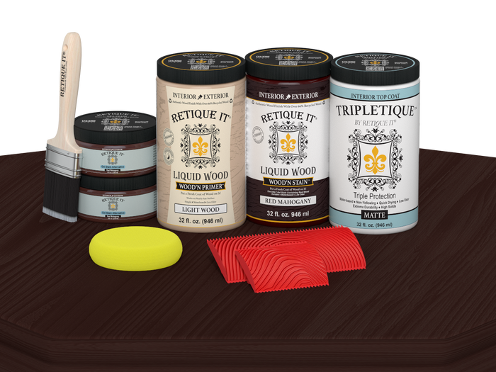 Retique It Wood'n Finish Kit with four large red mahogany stain bottles and matte finish on a tabletop surface.