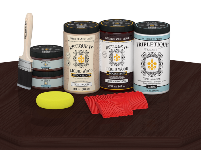 Retique It Wood'n Finish Kit for tabletops, includes four large red mahogany stain bottles with glossy finish.