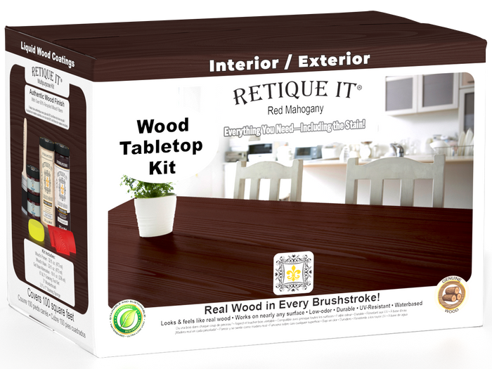 Retique It Wood'n Finish Kit with four large red mahogany stain bottles, ideal for tabletop wood finishing projects.