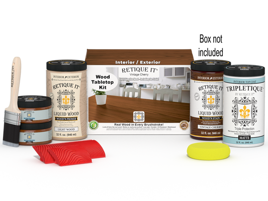 Retique It Wood'n Finish Kit for tabletops, Vintage Cherry stain, includes four large stain bottles with a box and application tools.