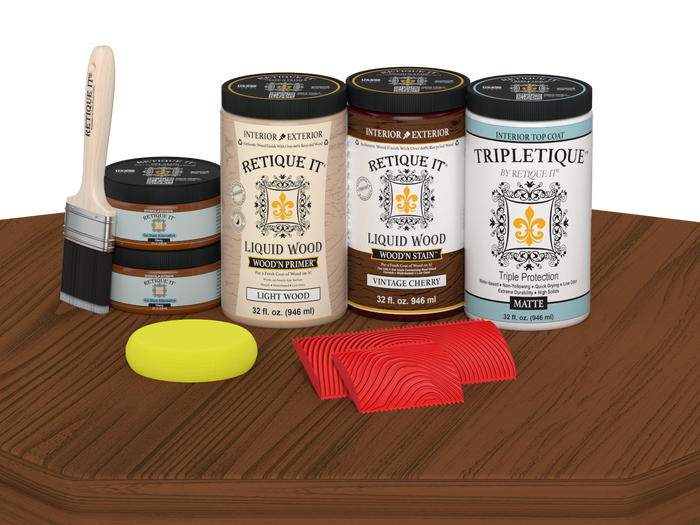 Retique It Wood'n Finish Kit with four vintage cherry stain bottles, matte finish, designed for tabletop wood projects.
