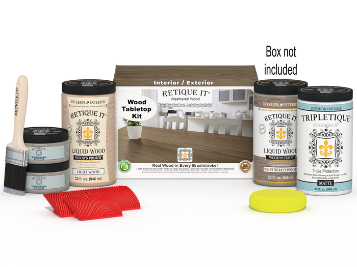 Retique It Wood'n Finish Kit with four large weathered wood stains for tabletop furniture restoration.