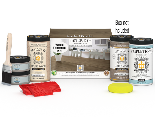 Retique It Wood'n Finish Kit with four large weathered wood stains for tabletop furniture restoration.